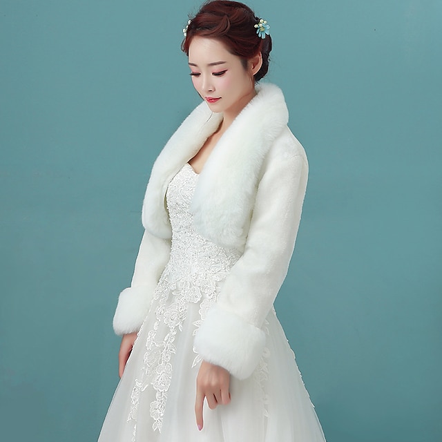  معطف أبيض من الفرو الصناعي في الخريف لحفلات الزفاف / الحفلات المسائية مع لفافة نسائية