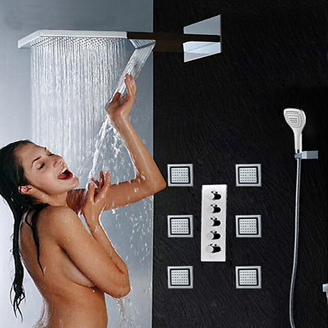  Shower Set Set - Waterfall Contemporary Chrome Wall Mounted Ceramic Valve Bath Shower Mixer Taps / Brass