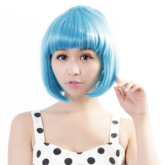  Perruque Synthétique Droit Droite Bob Coupe Carré Perruque Bleu clair Cheveux Synthétiques Femme Bleu Neitsi