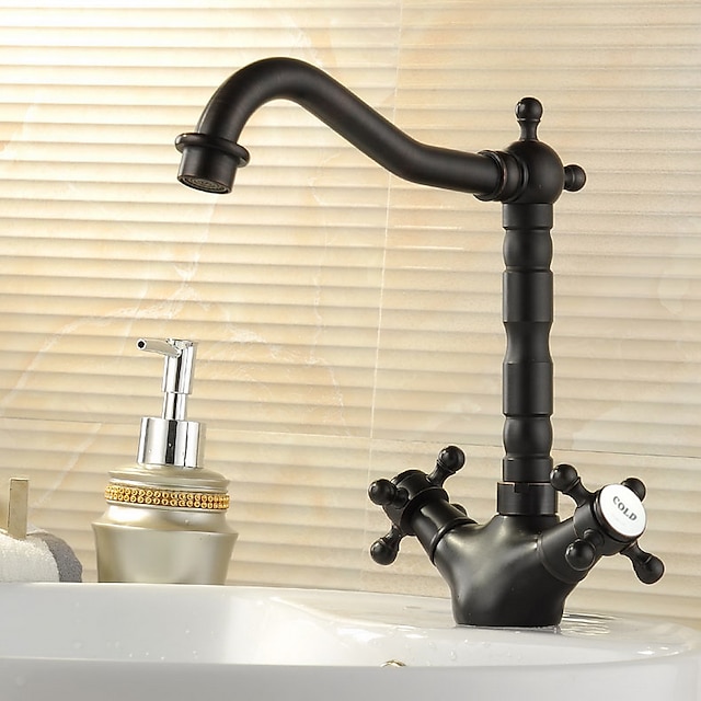  Kupfer-Badezimmerarmatur, schwarzes drehbares Wasserhahn-Set an Deck, ölgeriebene zwei Griffe, Einloch-Badearmaturen mit Heiß- und Kaltschalter