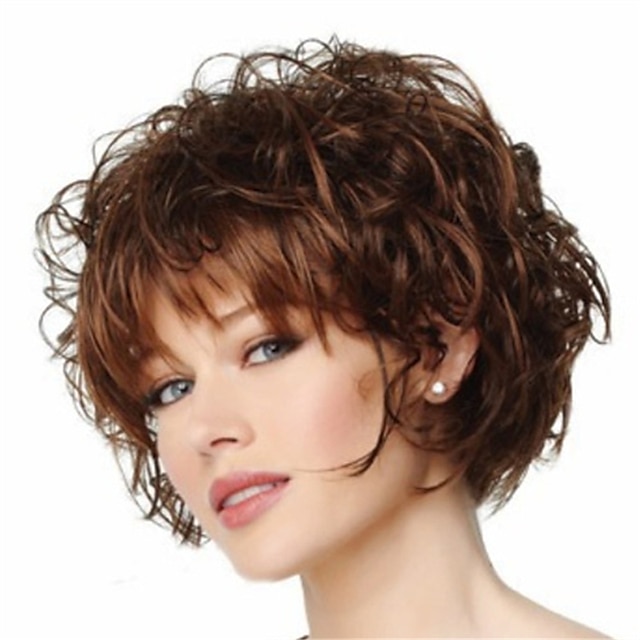  Synthetic Wig Curly Curly Pixie Cut With Bangs Wig Short Brown Synthetic Hair Women's Heat Resistant Brown