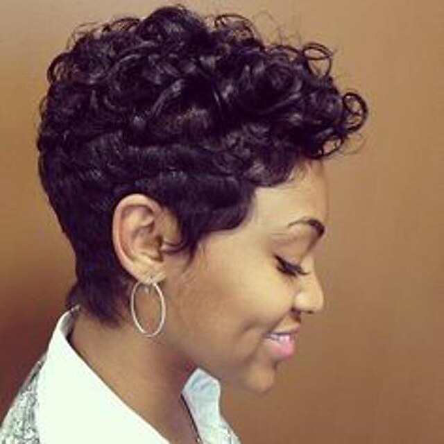  Mistura do cabelo humano Peruca Curto Ondulado Onda Natural Corte Pixie Penteados Curtos 2020 Com Franjas baga Onda Natural Ondulado Peruca Afro Americanas Para Mulheres Negras Mulheres Preto Natural