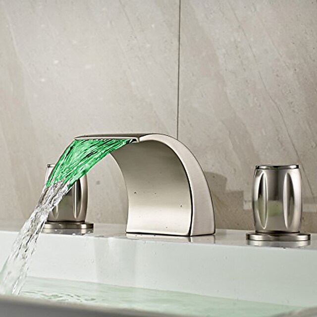  バスルームのシンクの蛇口 - 滝状吐水タイプ / LED ブラッシュドニッケル 組み合わせ式 二つのハンドル三穴Bath Taps / 真鍮