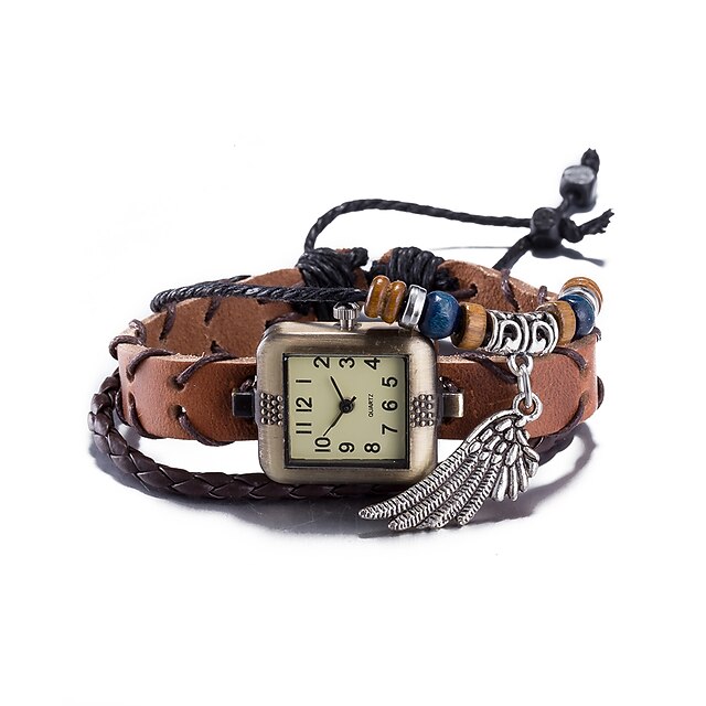  Damen Quartz Armbanduhr Armband-Uhr Wasserdicht Leder Band Retro Böhmische Modisch Armreif Braun