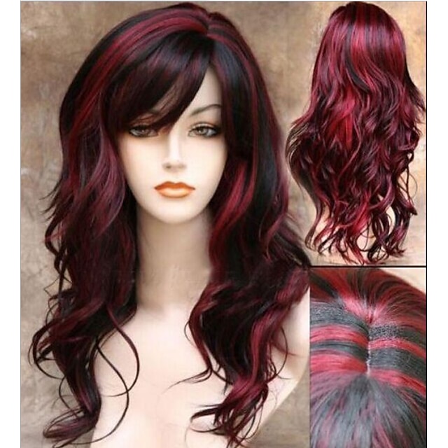  perucas de vinho para mulheres peruca sintética ondulada ondulada com franja peruca longa ruiva loira cabelo sintético feminino com mechas / balayage cabelo parte lateral peruca de halloween vermelha