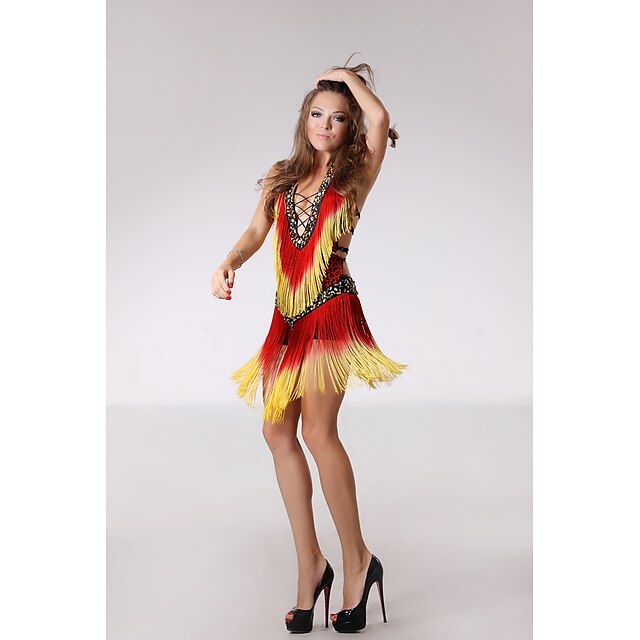  الرقص اللاتيني الفساتين نسائي أداء بوليستر / مترتر شرابة / شىء صغير براق بدون كم ارتفاع عال فستان
