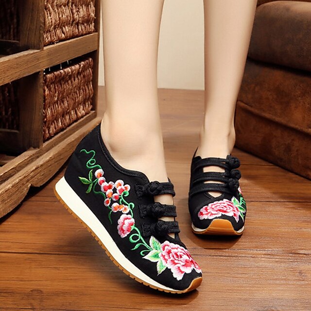  Women's Flats Embroidery Flat Heel Hidden Heel Round Toe Chinoiserie Daily Canvas Buckle Fall Spring Summer Floral Black Red Blue