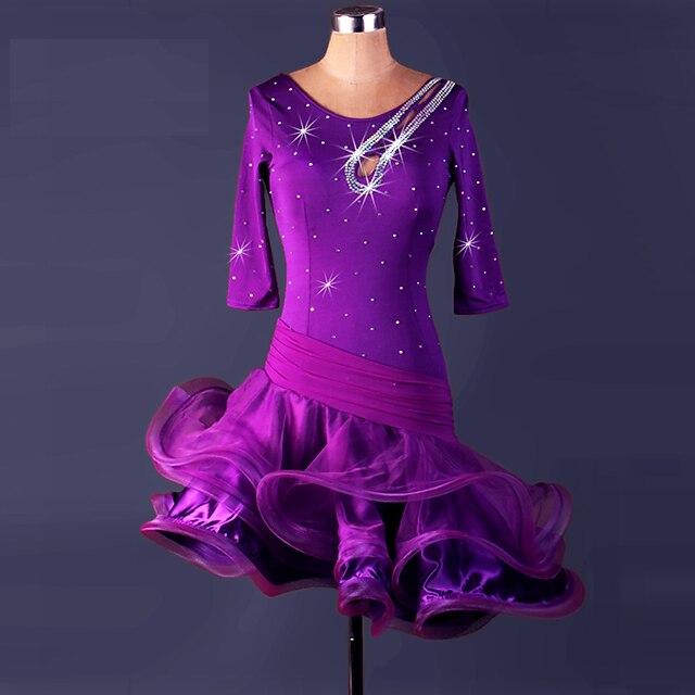  Latin Dance Dresses Women's Performance Spandex / Organza Ruffles / Crystals / Rhinestones 3/4 Length Sleeve High Dress