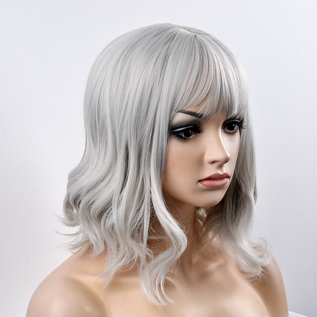  Synthetic Wig Natural Wave Natural Wave Bob With Bangs Wig Short Grey Synthetic Hair Women's Gray