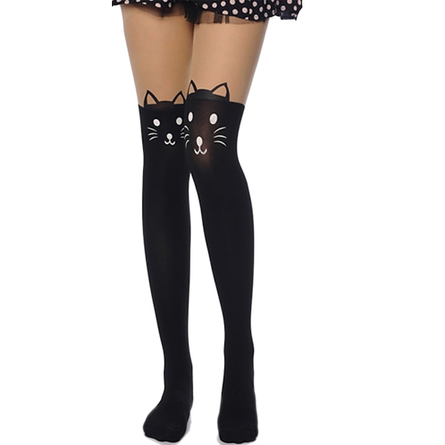  Women's Sweet Lolita See Through Socks / Long Stockings Thigh High Socks Black Print Cat Velvet Lolita Accessories / High Elasticity