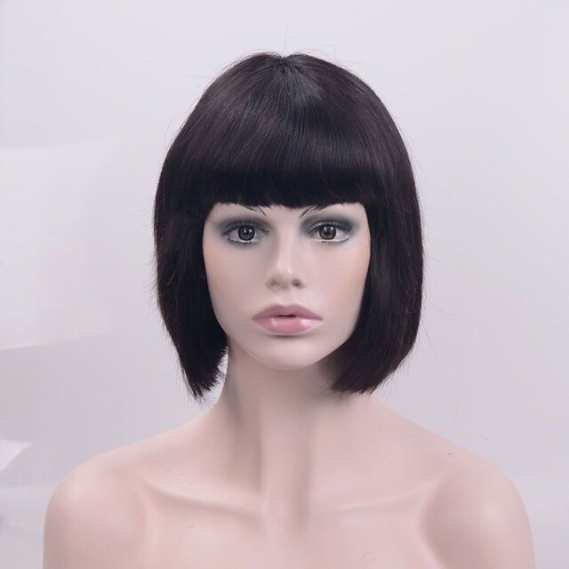  Synthetische Lace Front Perücken Glatt Gerade Bob Bubikopf Mit Pony Spitzenfront Perücke Kurz Natürlich Schwarz Synthetische Haare Damen Natürlicher Haaransatz Schwarz