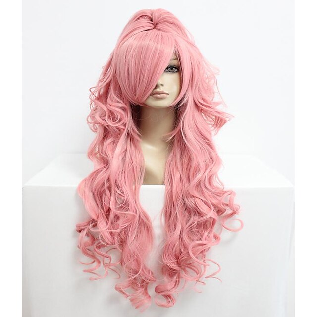  peluca de cosplay peluca sintética peluca de cosplay ondulado ondulado corte de pelo en capas con flequillo con cola de caballo peluca rosa largo pelo sintético rosa parte media de la mujer rosa