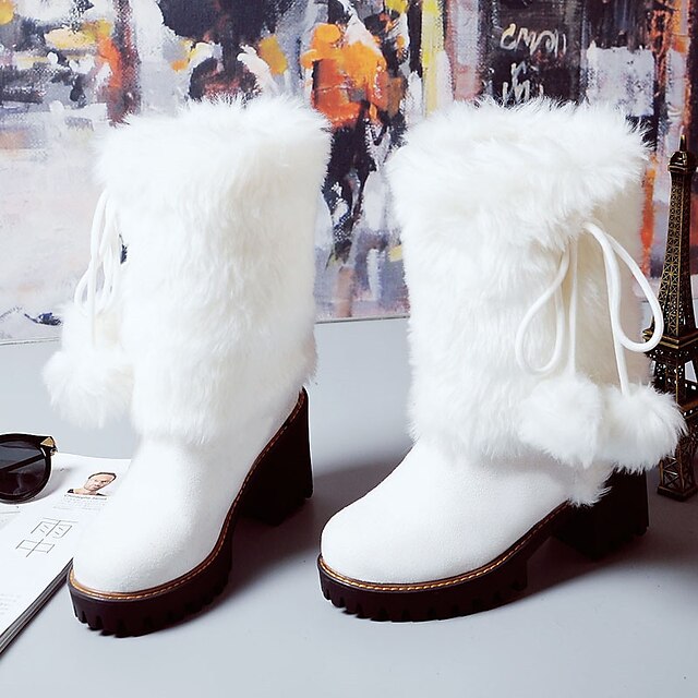  Women's Leatherette Fall / Winter Comfort / Snow Boots Boots Walking Shoes Chunky Heel Round Toe Pom-pom White / Black / Gray