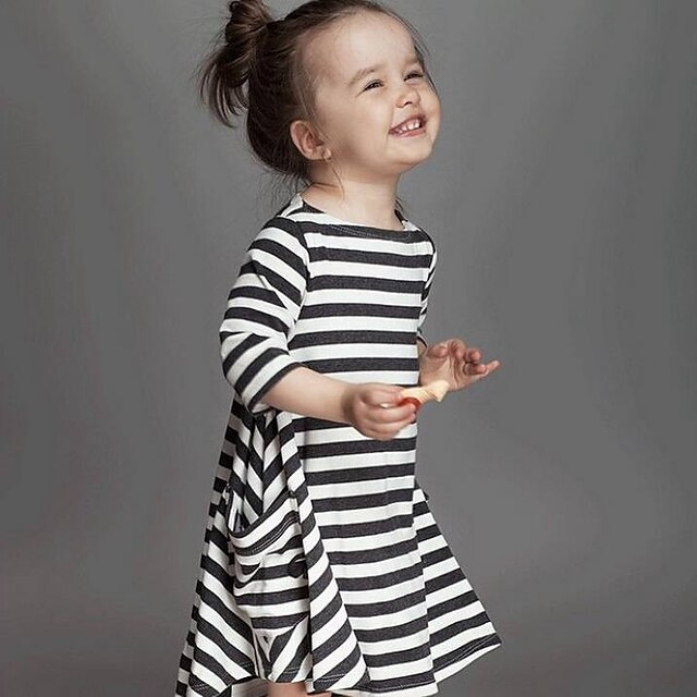  Bébé Pouco Para Meninas Vestido Listrado Diário Branco Manga Longa Listras Vestidos Outono Primavera