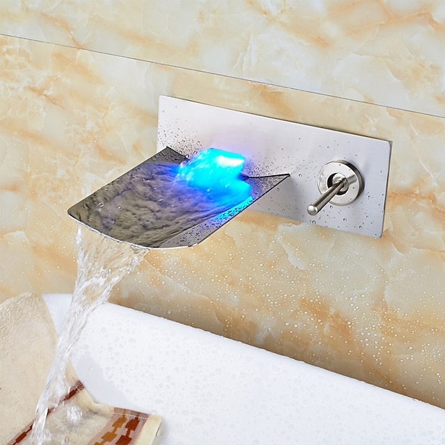  Bathroom Sink Faucet - LED / Wall Mount / Waterfall Nickel Brushed Wall Mounted Two Holes / Single Handle Two HolesBath Taps