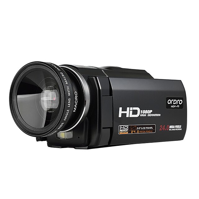  ordro® HDV-f5 con lente gran angular 1080p soporte de batería externa de la cámara de vídeo digital función de macro