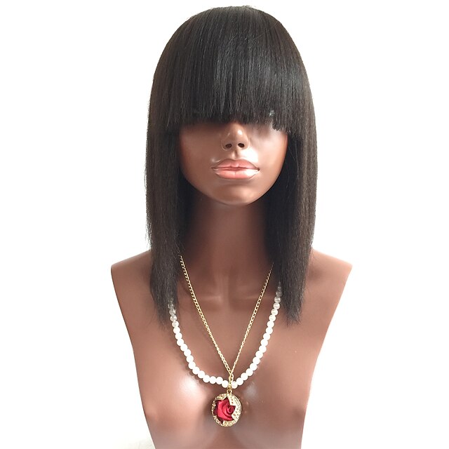  Human Hair Glueless Lace Front Lace Front Wig With Bangs style Brazilian Hair Straight Yaki Wig 130% Density with Baby Hair Natural Hairline African American Wig 100% Hand Tied Women's Short Medium