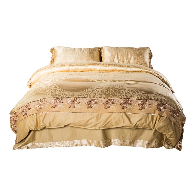  Shuian® Luxury Jacquard Silk Cotton Blend 4pcs Duvet Cover Bed Sheet Pillowcase Bed Linen