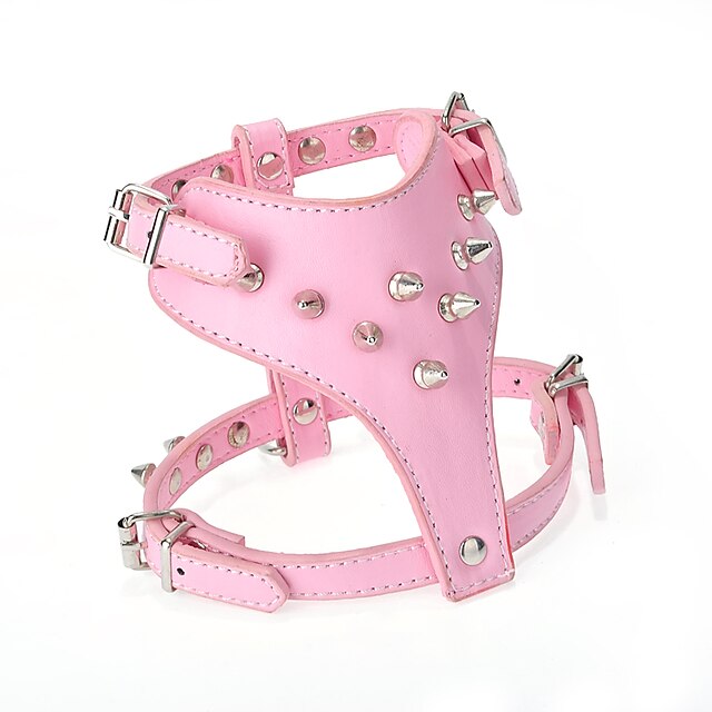  Dog Harness Adjustable / Retractable Studded Rock Music PU Leather Pink