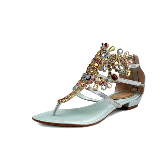  Women's Shoes Leather T-Strap / Novelty Flat Heel Crystal Blue / Golden / Wedding / Party & Evening / Party & Evening