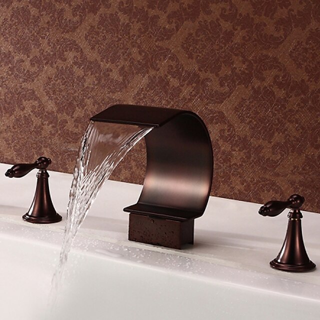  Bathroom Sink Faucet - Waterfall Oil-rubbed Bronze Wall Mounted Two Handles Three HolesBath Taps / Brass