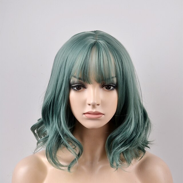  Synthetic Wig Natural Wave Natural Wave Bob With Bangs Wig Short Green Synthetic Hair Women's Middle Part Green