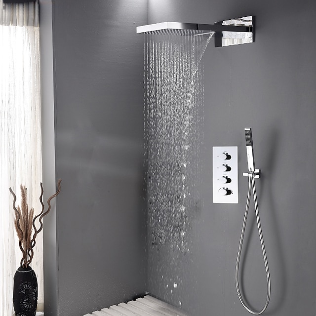  シャワーセット セットする - 滝状吐水タイプ コンテンポラリー クロム 壁式 セラミックバルブ Bath Shower Mixer Taps / 真鍮 / 四ハンドル三穴