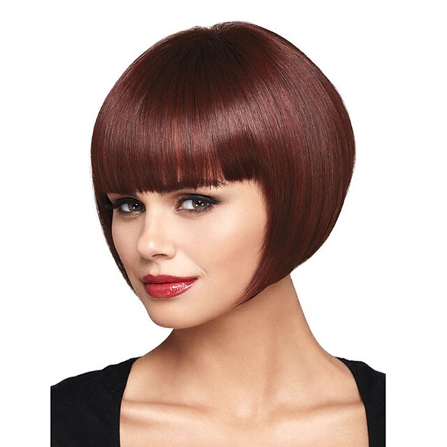  Synthetic Wig Straight Yaki Straight Yaki Bob With Bangs Wig Dark Brown#2 Synthetic Hair Women's Red