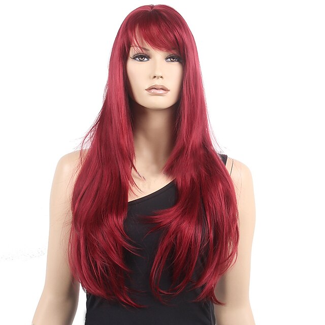  Synthetic Wig Wavy Wavy With Bangs Monofilament L Part Wig Long Dark Wine Synthetic Hair Women's Heat Resistant Red