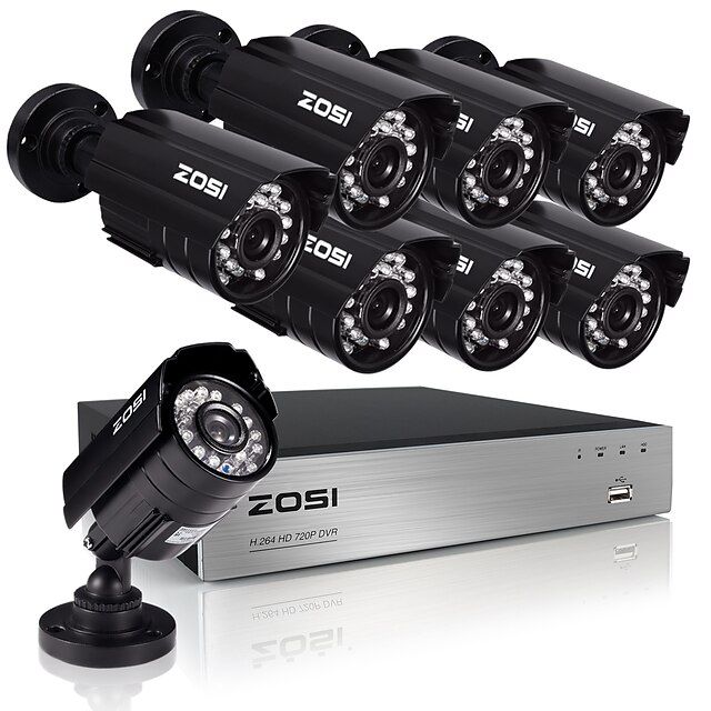  ZOSI®8CH AHD-L DVR eCloud HDMI 1080P/VGA/BNC Output 8pcs 1.0MP Day/Night CCTV Cameras IP66 