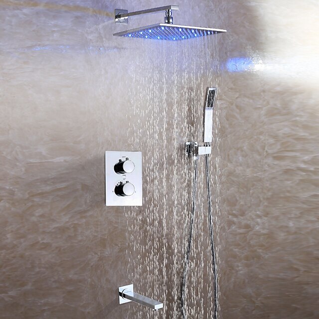  Ensemble de douche Ensemble - Effet pluie contemporain Chrome Montage mural Soupape céramique Bath Shower Mixer Taps / Laiton / Deux poignées quatre trous