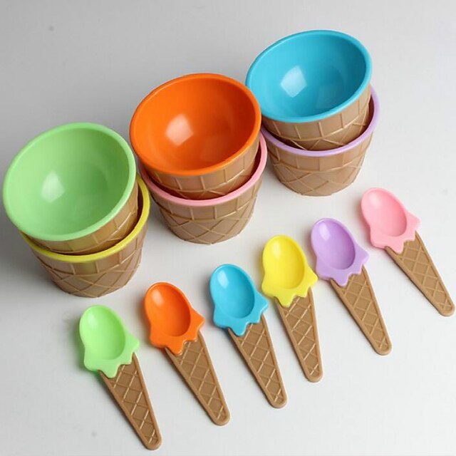  Children's Plastic Ice Cream Bowls Spoons Set Durable ICE Cream CUP (Random Color)