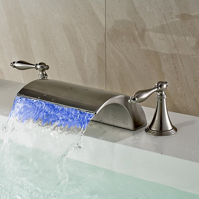  バスルームのシンクの蛇口 - LED / 滝状吐水タイプ ブラッシュドニッケル 組み合わせ式 二つのハンドル三穴Bath Taps / 真鍮