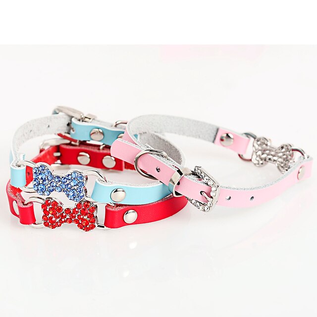  Cat Dog Collar Adjustable / Retractable Mosaic Bone Rhinestone PU Leather Red Blue Pink