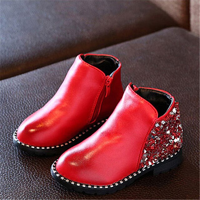  Черный Красный-Для девочек-Повседневный-Дерматин-На плоской подошве-Удобная обувь-Ботинки