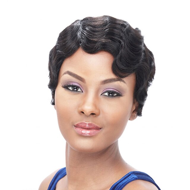  Synthetic Wig Wavy Finger Wave Afro Wavy Wig Short Natural Black Synthetic Hair Women's African American Wig Black