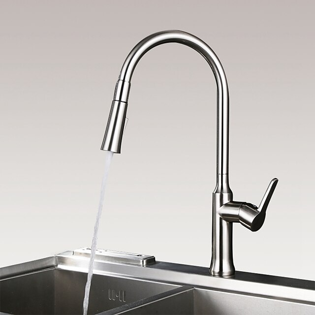  Keuken Kraan - Single Handle Een Hole Nikkel Geborsteld Pull-out / pull-down / Tall / High Arc Middenset Hedendaagse / Modern Kitchen Taps / Messing