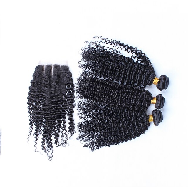  Перуанские волосы Кудрявый Kinky Curly Кудрявое плетение Натуральные волосы Волосы Уток с закрытием Ткет человеческих волос Расширения человеческих волос