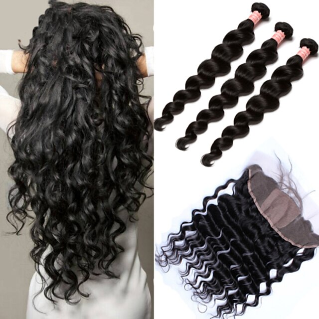  3 bundels met sluiting Haar weeft Peruaans haar Los golvend Extensions van echt haar Echt haar Haar Weft met Sluiting 10-30 inch(es) 6a / 4x13 Sluiting