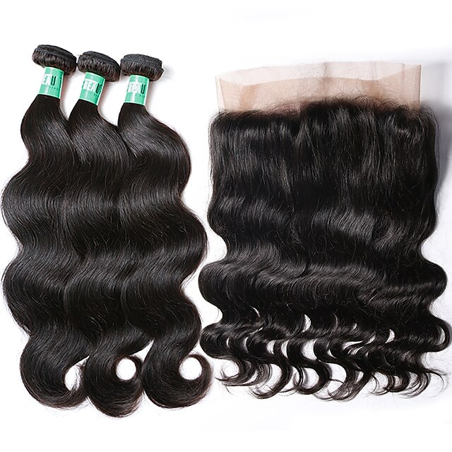  3 pacotes com fechamento Cabelo Brasileiro Onda de Corpo Cabelo Virgem 380 g Trama do cabelo com Encerramento 8-22 polegada Tramas de cabelo humano Extensões de cabelo humano