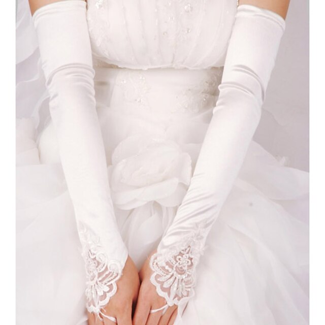  Elastic Satin Elbow Length Glove Bridal Gloves With Pearls Sequins