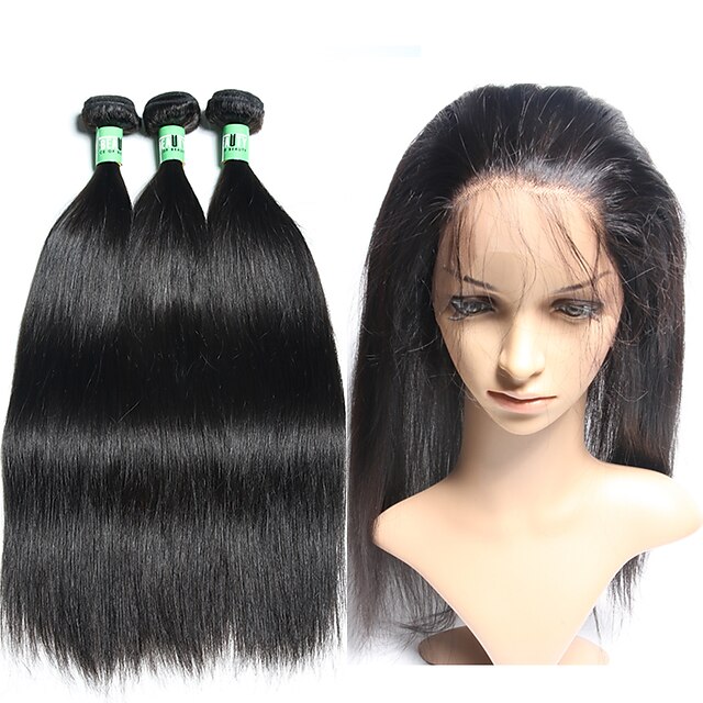  3 csomópont bezárásával Brazil haj Egyenes 10A Szűz haj Hair Vetülék, zárral Emberi haj sző Puha Human Hair Extensions