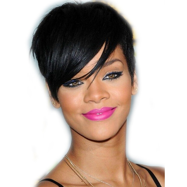  Menneskehårblanding Parykk Rett Klassisk Bobfrisyre Korte frisyrer 2020 Med lugg Med babyhår Rihanna Klassisk Rett Naturlig Naturlig hårlinje Maskinprodusert Dame Svart 6 tommer Daglig