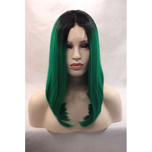  Perucas Lace Front Sintéticas Liso Reto Corte Bob Frente de Malha Peruca Verde Cabelo Sintético Mulheres Repartido ao Meio Riscas Naturais Verde