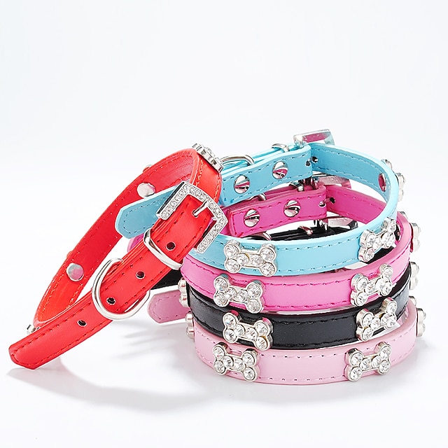  Dog Collar Adjustable / Retractable Bone PU Leather Red Blue Pink