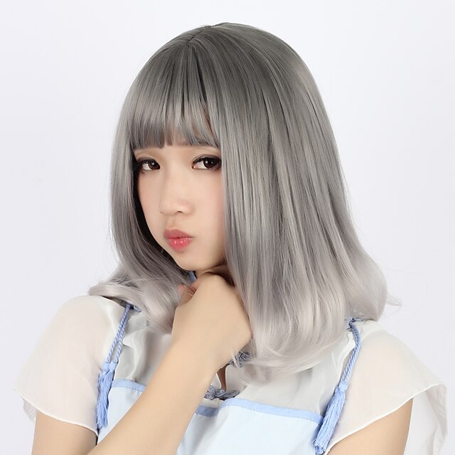  Lolita Cosplay Wigs Women's 16 inch Heat Resistant Fiber Gray Anime Wig