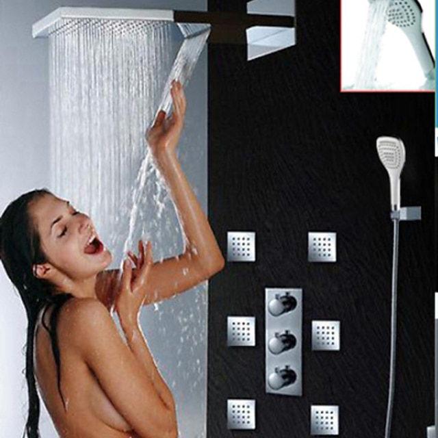  Shower Set Set - Waterfall Contemporary Chrome Wall Mounted Brass Valve Bath Shower Mixer Taps