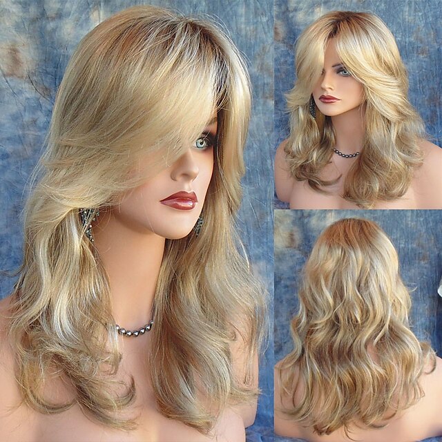  Synthetic Wig Natural Wave Natural Wave With Bangs Wig Blonde Long Bleach Blonde#613 Synthetic Hair Women's Heat Resistant Dark Roots Side Part Blonde