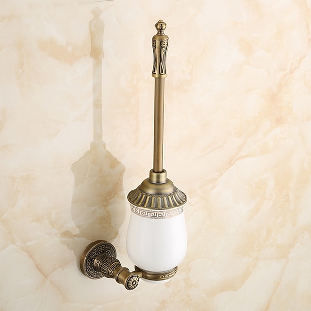  Toilet Brush with Holder,Antique Brass Ceramics Wall Mounted Rubber Painted Toilet Bowl Brush and Holder for Bathroom