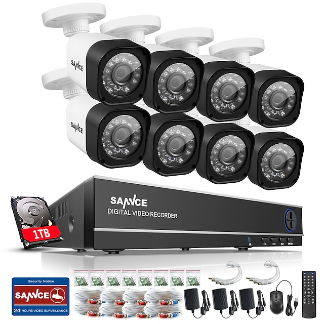  sannce® 8ch 720p ahd dvr kit 8st 720p ir nattsyn utomhus cctv kamera hem säkerhetssystem inbyggd 1tb hdd